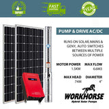 Workhorse Series | 6600 L/H | Max Head 74m | Hybrid Solar | 1.1kW Submersible Pump | 4SPM5-12